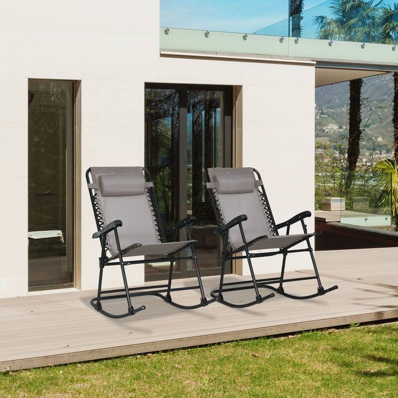 Outsunny 2 Piece Outdoor Rocking Chair Set, Patio Folding Lawn Rocker Set with Headrests for Yard, Patio, Deck, Backyard