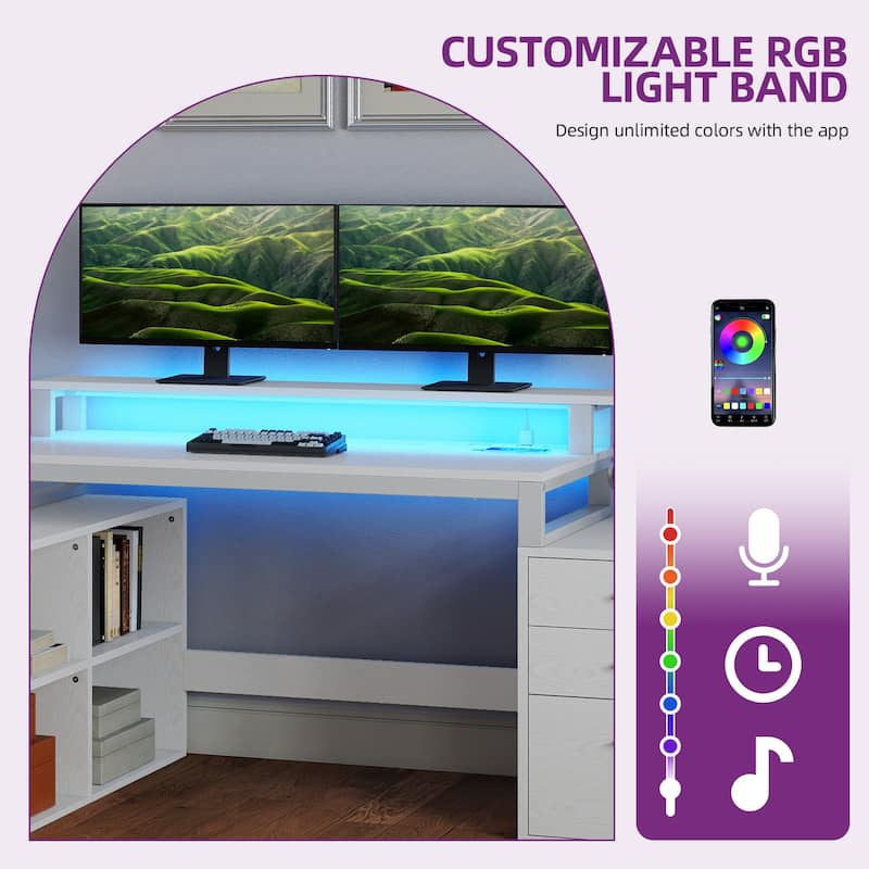 Moasis 65" Computer Desk with Filing Cabinet and Storage Shelves, LED Lighting Corner Home Office Desk