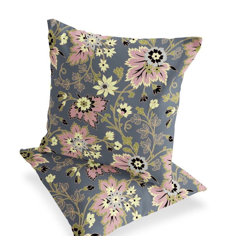 HomeRoots Set of Two 16" X 16" Gray and Pink Blown Seam Floral Indoor Outdoor Throw Pillow - 16.00' X '16.00' X '5.00