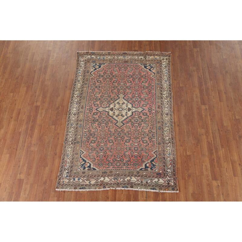 Pink Geometric Hamedan Persian Vintage Area Rug Handmade Wool Carpet - 4'8" x 6'10"