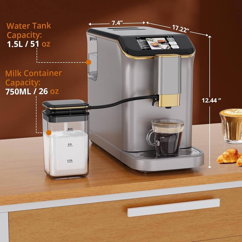 Automatic Espresso & Coffee Machine with with Grinder & Milk Frother, Silver + Gold