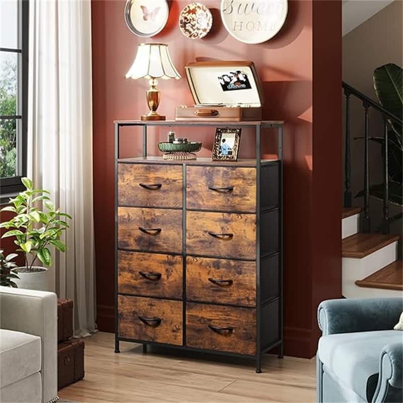 Fabric Dresser for Bedroom with Open Shelves - Rustic Brown Wood Grain Print