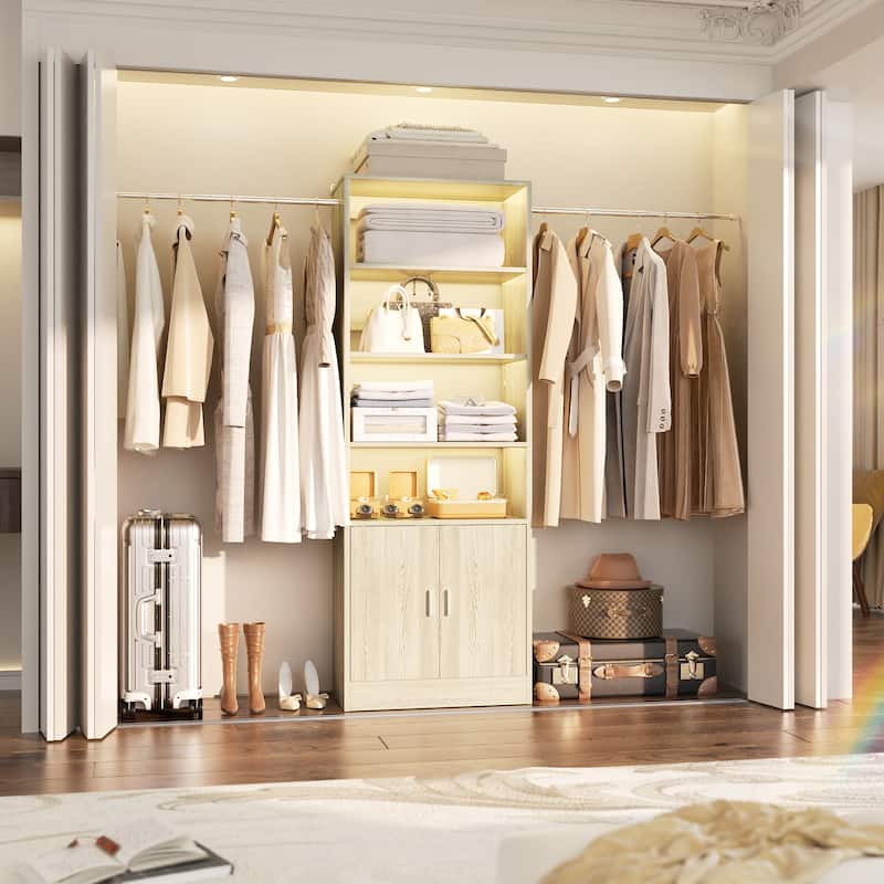 Rackcog 25'' - 104'' W Closet Organizer with Hanging Rods, Closet System with Cabinet and Adjustable Shelves