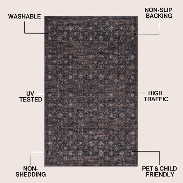 dimension image slide 8 of 13, Petunia Distressed All-Over Floral Border Non-Slip Machine-Washable Rug