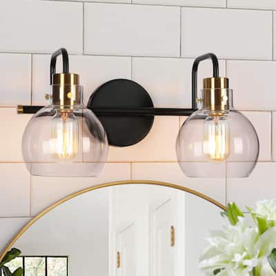 Modern 2-Light Black Gold Bathroom Vanity Light Wall Sconce with Clear Glass - 14.5" L x 8" W x 8.5" H