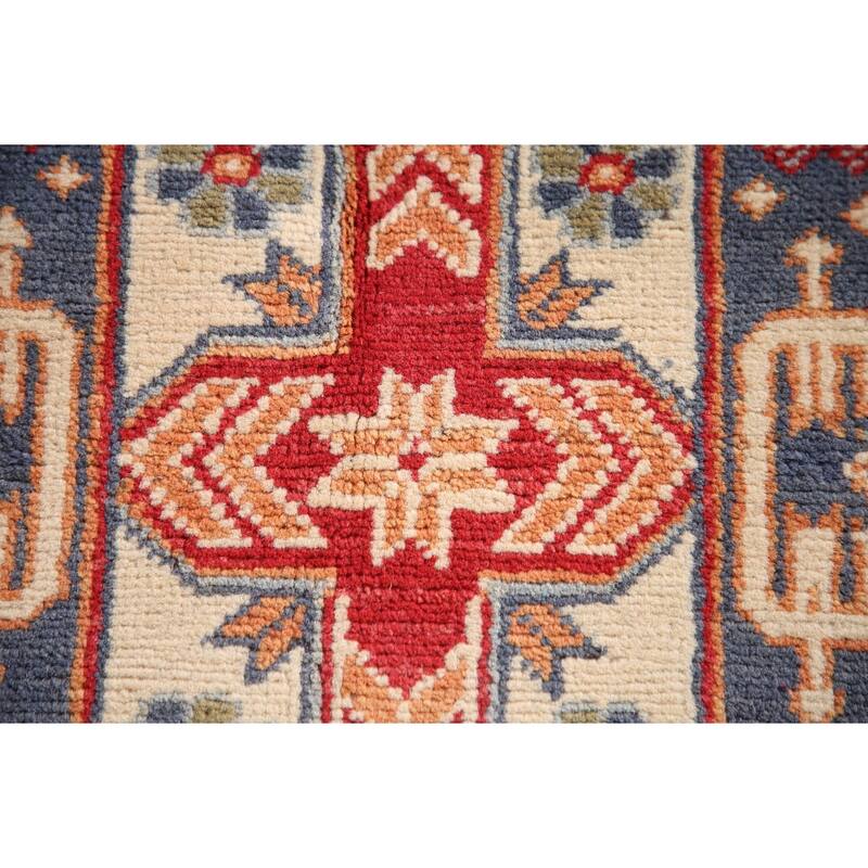 Light Blue Geometric Kazak Oriental Rug Handmade Wool Carpet - 3'2"x 4'8"