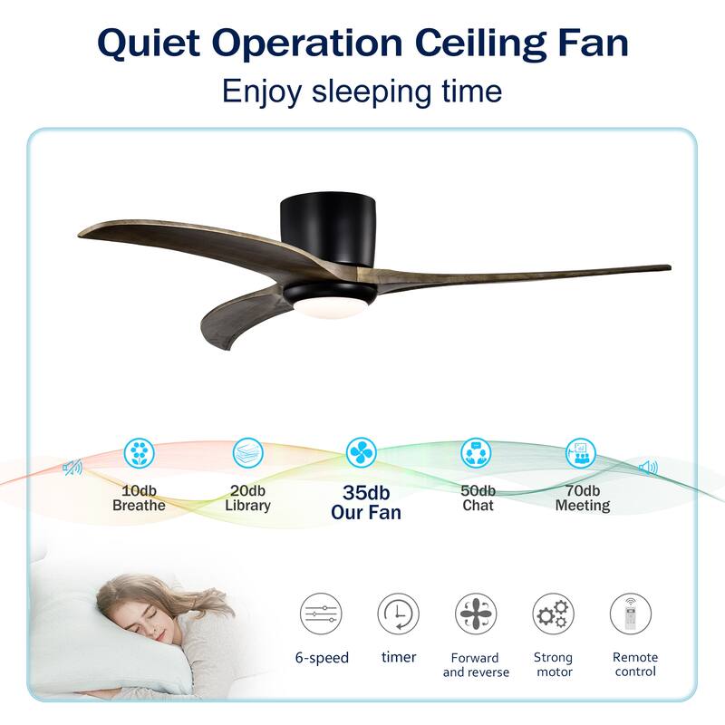 52" Flush Mount Fan Light, 3 PCS Solid Wood Blades Ceiling Fan with Lights Remote Control, Quiet DC Motor, 6 Speed