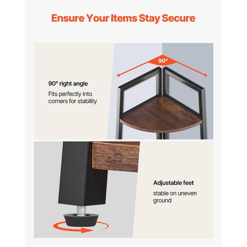 Black Metal Frame Brown Wood 5 Tier Corner Bookshelf with Space-Saving Design - 24 x 17 x 70 in