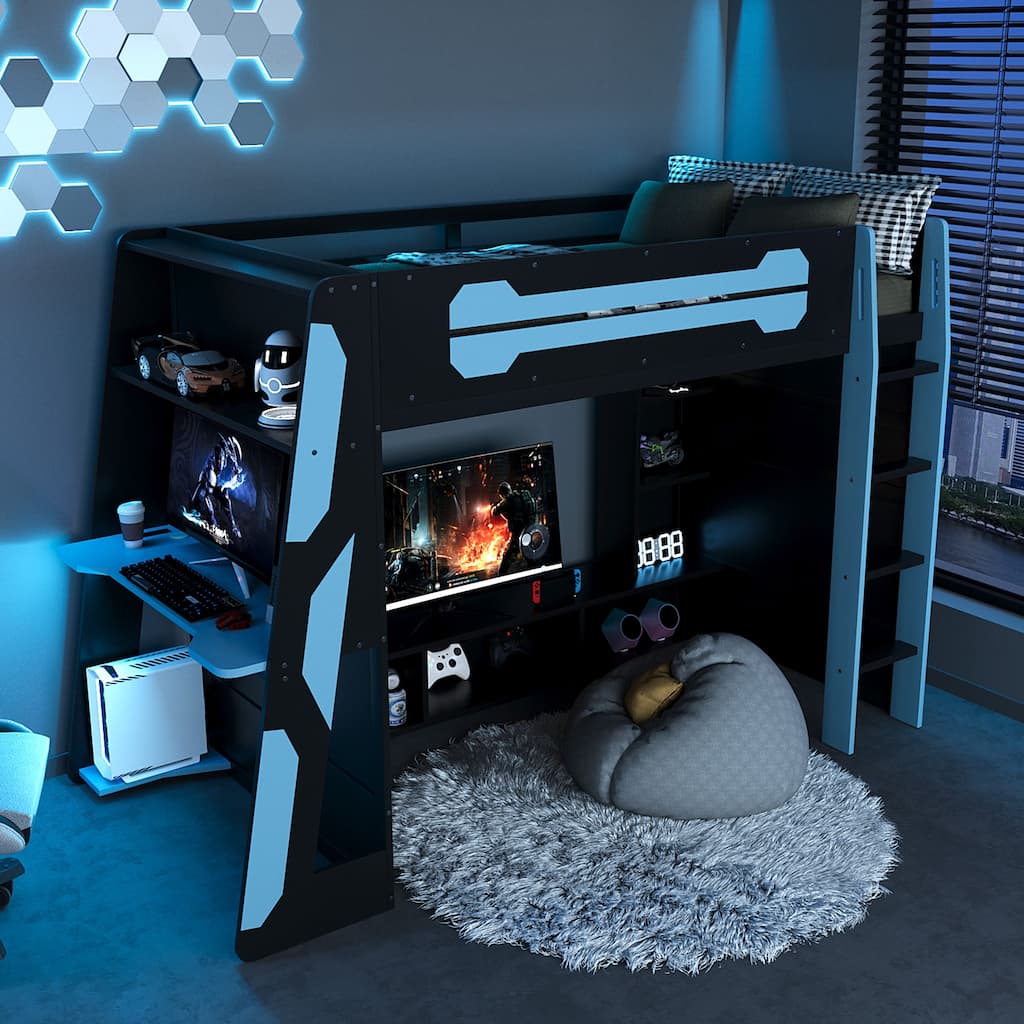 Esports Twin Loft Bed with Desk, Multi-storage Shelves and Light Strip