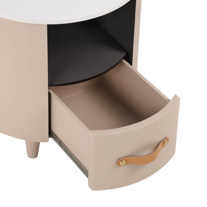 Round Nightstand with Storage Drawer, Sofa End Table Bedroom Bedside Table