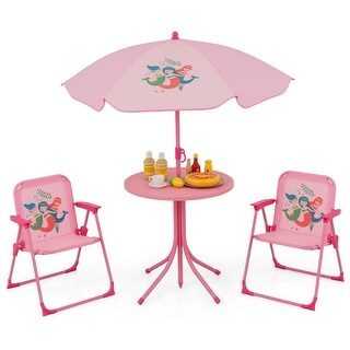 4 Pieces Kids Picnic Set with 2 Folding Chairs and Height Adjustable Umbrella-Light Green