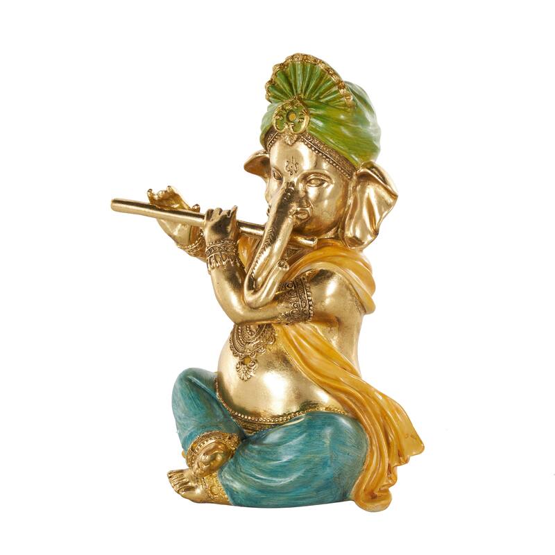 Gold Resin Musician Ganesh Decorative Sculpture with Green, Yellow, and Teal Accents