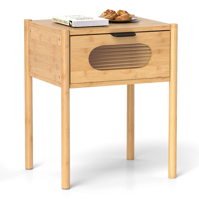 Gymax Bamboo Nightstand Farmhouse Bedside Table w/ Tempered Glass - Natural - 1-drawer
