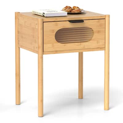 Gymax Bamboo Nightstand Farmhouse Bedside Table w/ Tempered Glass