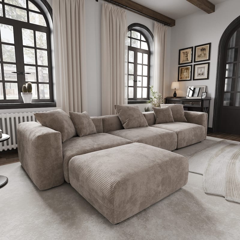 Modern Sectional Couch Sofa with 5 Pillows, Luxurious Modular Sectional Couch with Chaise Ottoman - Light Brown
