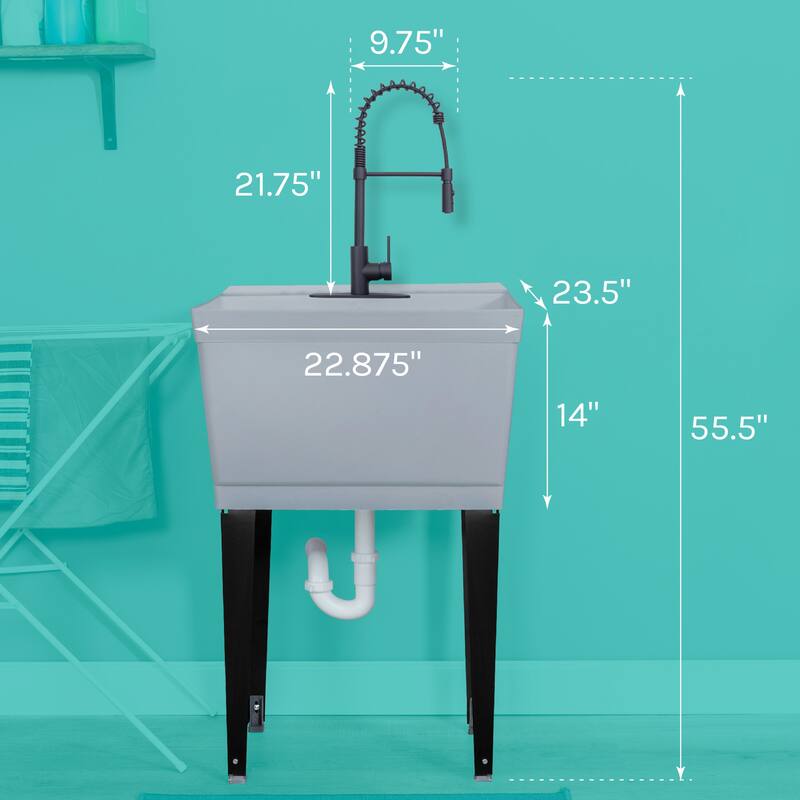 TEHILA Utility Sink Laundry Tub with Black High Arc Coil Faucet