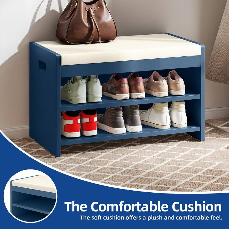 Moasis 2-Tier 28" Shoe Storage Bench w/Shelf and Seat Cushion for Hallway