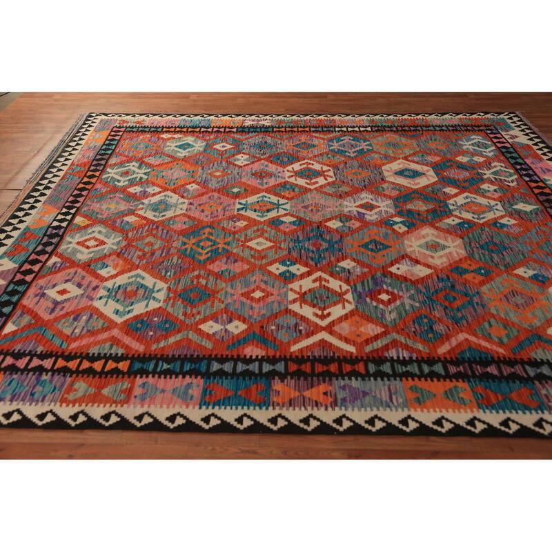 Orange Nomadic Kilim Oriental Area Rug Flatweave Wool Carpet - 8'7"x 9'6"
