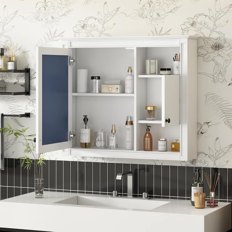 32'' Bathroom Wall Cabinet with Mirror, Wall Mounted Medicine Cabinet with 3 Shelves, Mirrored Door, White