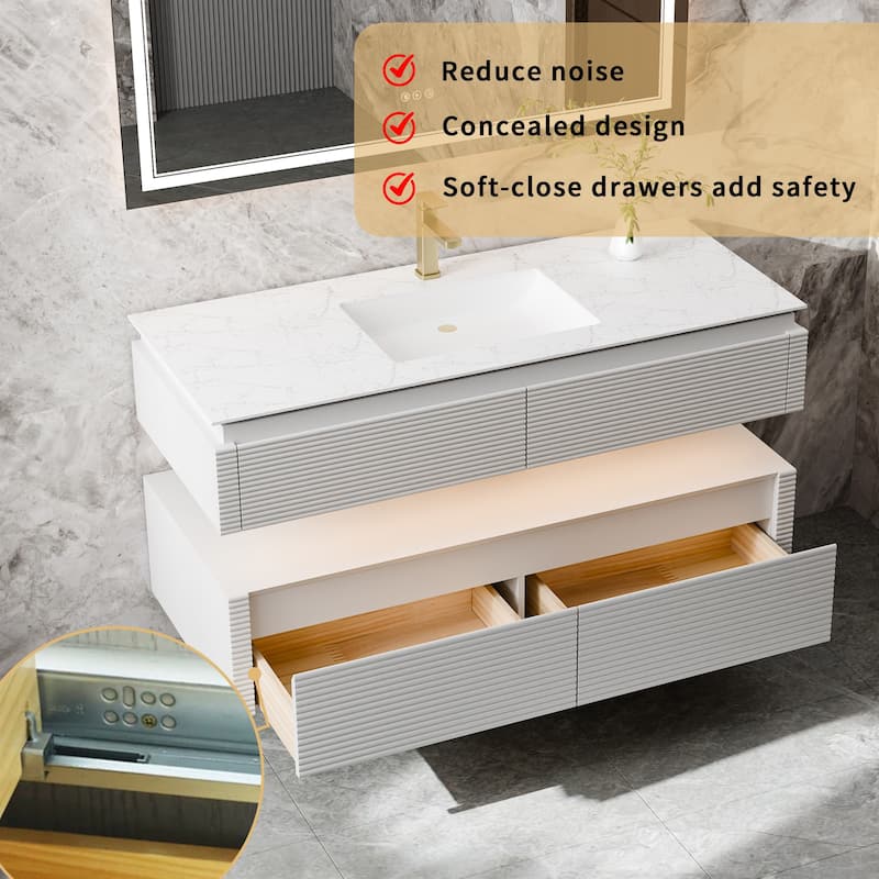 Modland 48" Modern Wall-Mounted Single Sink Bathroom Vanity with Engineered Stone Countertop,Soft-Close Drawers