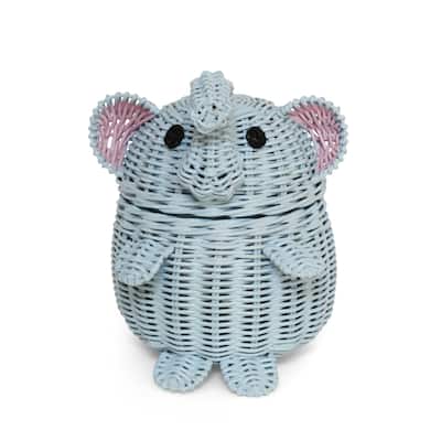 Blue Elephant Rattan Storage Basket With Lid Hand Woven Shelf Organizer Cute Handmade Gift Wicker