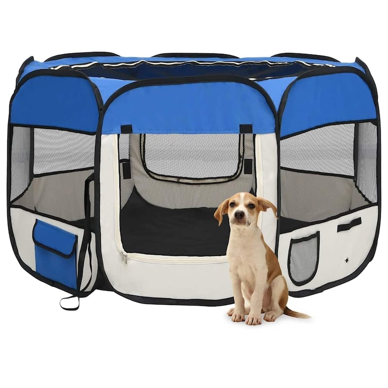 vidaXL Foldable Dog Playpen with Carrying Bag Dog Kennel Puppy Run Playpen - 43.3" x 43.3" x 22.8" - Blue and cream