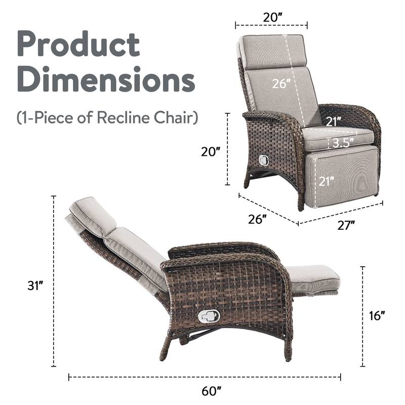 Outdoor Wicker Reclining Lounge Chair Patio Rattan - Brown