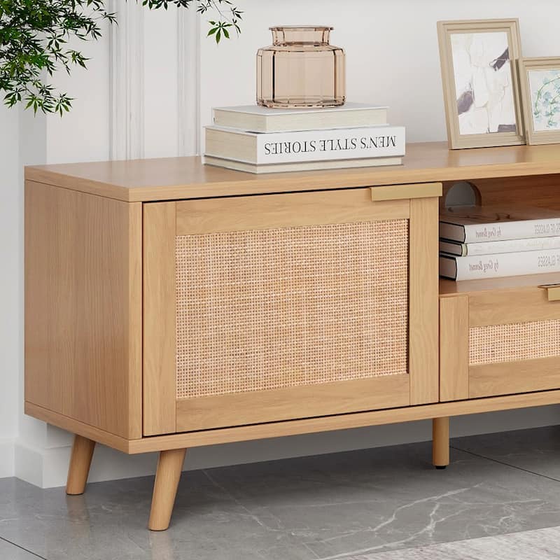 Rattan TV Stand for 85" TVs, Media Console with Solid Wood Legs, Spacious Storage, Cable Management