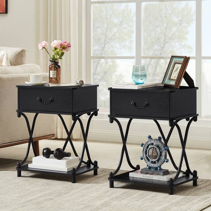 Modern 1-Drawer Nightstand with Storage Shelf, X-design End Side Table, Set of 2