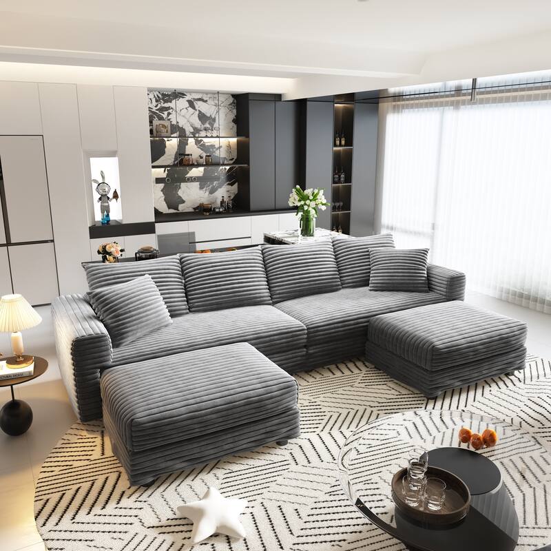 102" Modular Cloud Sectional Couch with 2 Ottoman, Pillows Modern Upholstered Sofa, Convertible Corduroy Couches for Living Room - Grey