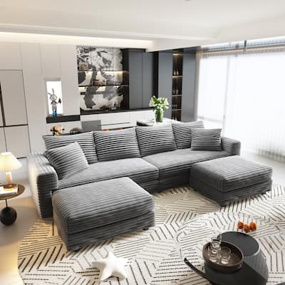 102.4 "Plush Corduroy 4-Seat Sofa,Modern Comfy Upholstered Sofa Cloud Couch,Deep Seat Couches with Soft Pillows and 2 Ottomans