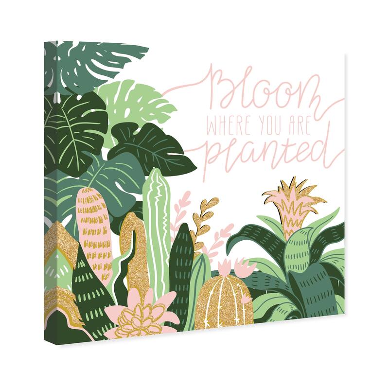 Wynwood Studio Canvas Floral and Botanical Bloom Where you are planted Green and Pastel Pink Tropical Wall Art Canvas Print
