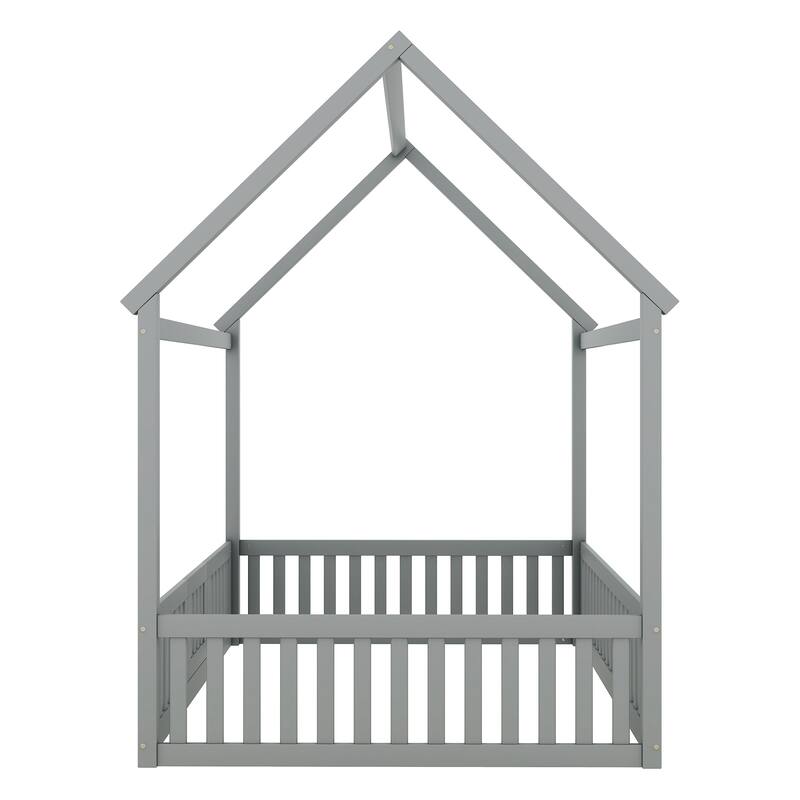 Twin/Full Size Wood House Bed with Fence, Door, and Roof for Children's Bedrooms, Small Space, No Box Spring Needed