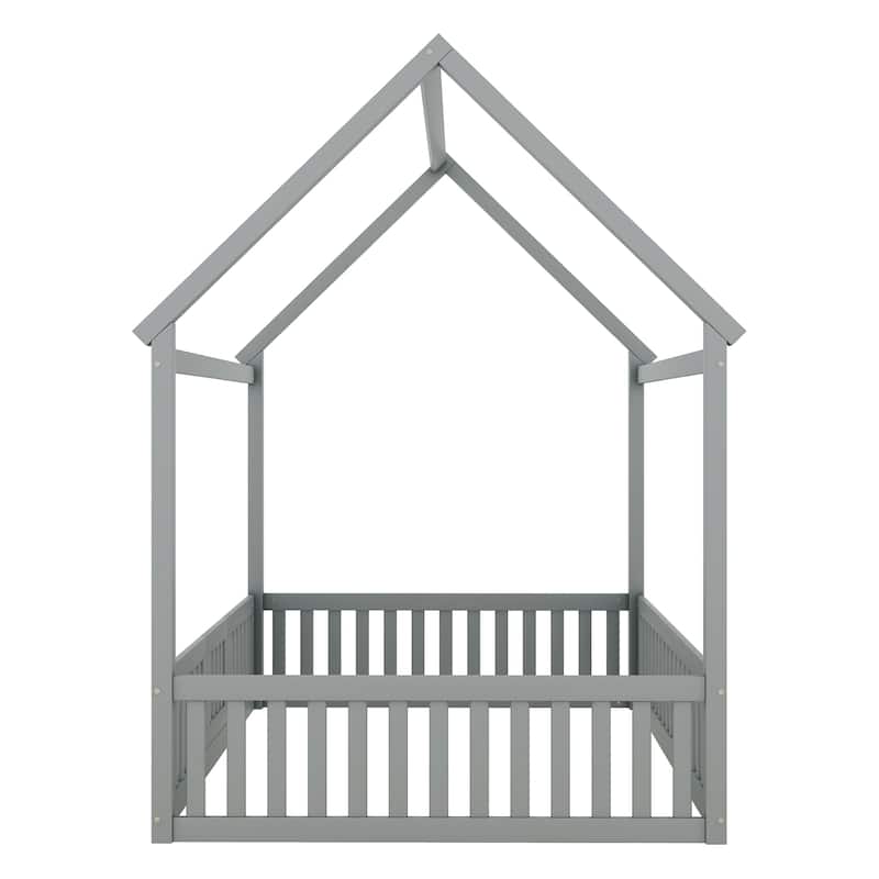 Twin Size Wood House Bed with Fence and Door