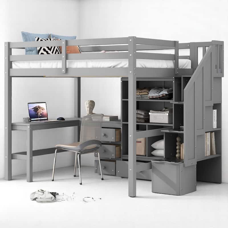 Space-Saving Full Loft Bed with Storage Stairs, Desk, Drawers & Cabinet - Solid Pine & MDF Construction
