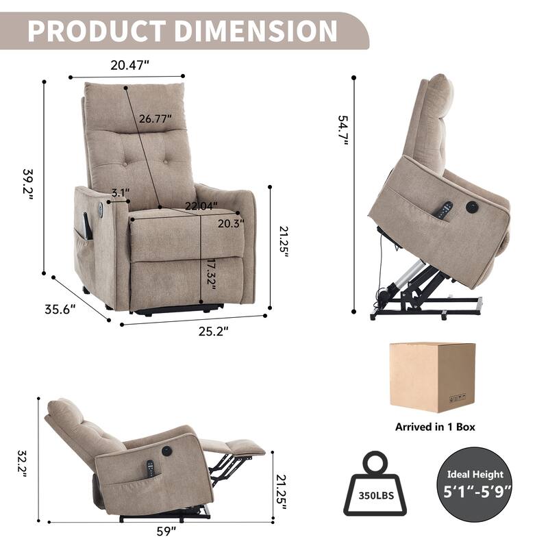 Chenille Single Motor Power Lift Recliner Chair with Massage and Heat for Elderly, Heavy Duty Motion Mechanism and One USB
