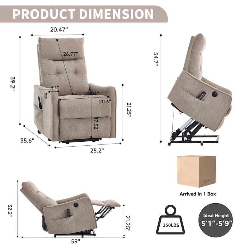 Single Motor Power Lift Recliner with USB Port and 155 Degree Recline