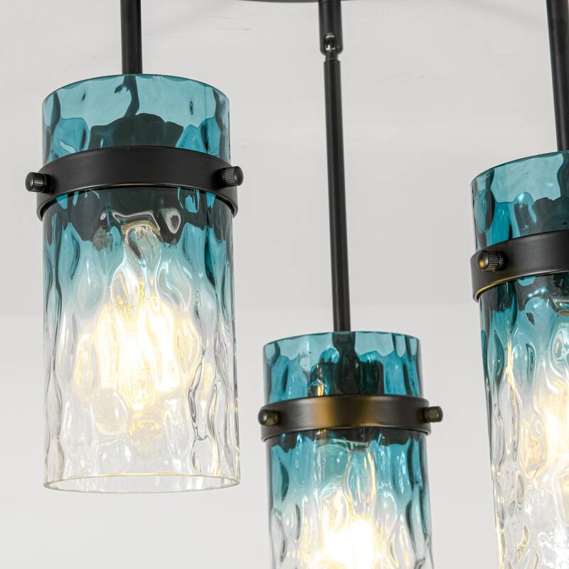 1/3-Light Coastal Matte Black Adjustable Pendant Light with Gradient Blue Hammered Cylinder Glass for Kitchen Island