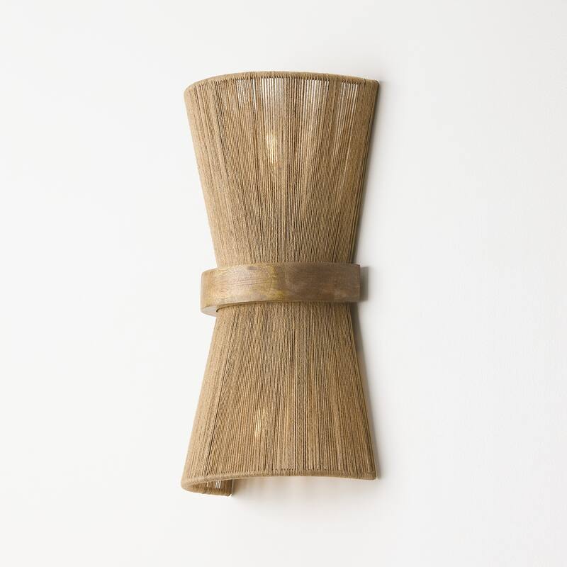 9"W x 16.25"H 2-Light Sconce in Matte Brass with Mango Wood and Handwrapped Natural Jute Rope String - 9"W x 16.25"H x 5.25"E