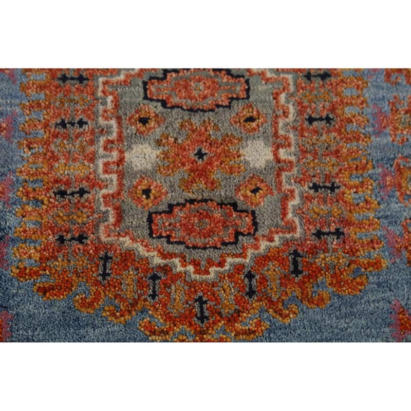Blue Geometric Khotan Indian Runner Rug Hand-Knotted Wool Carpet - 2'8"x 7'10"