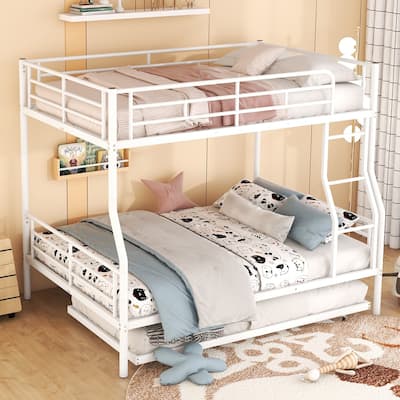 Full XL Over Queen Bunk Bed with Trundle Heavy-Duty Bunk Bed Frame with Ladder & High Guardrail Convertible into 3 Beds for Kids