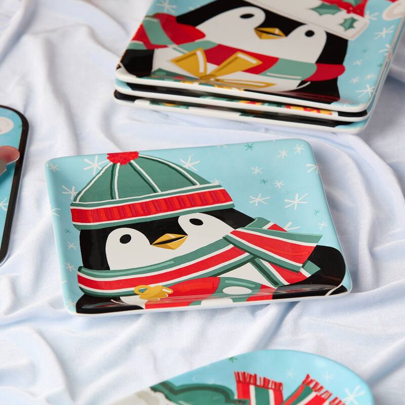 Certifed International Christmas Whimsy Penguin Set of 4 Dessert/Salad Plates 8.5" Assorted Designs - 8.5 L x 8.5 W x 1 H