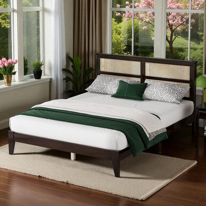 Queen Size Solid Rubber Wood Bed with Rattan Headboard, Durable Frame with Central Support Feet and Under-Bed Storage - Espresso - Queen