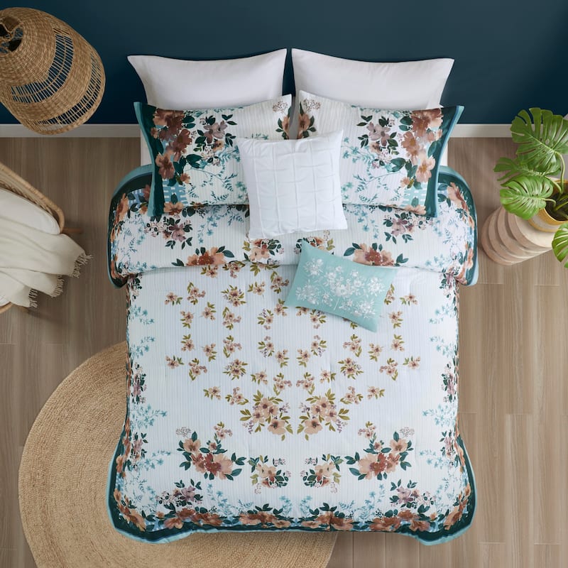 Madison Park Alaina 5 Piece Cotton Floral Comforter Set with Throw Pillows
