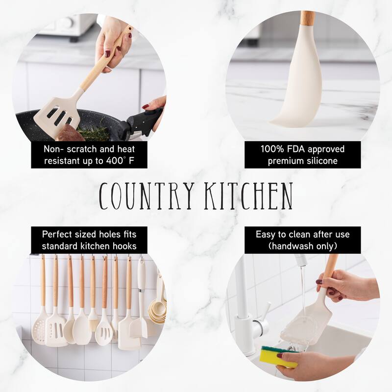 Country Kitchen Non Stick Silicone Utensil Set with Rounded Wood Handles for Cooking and Baking, 38 Piece Set