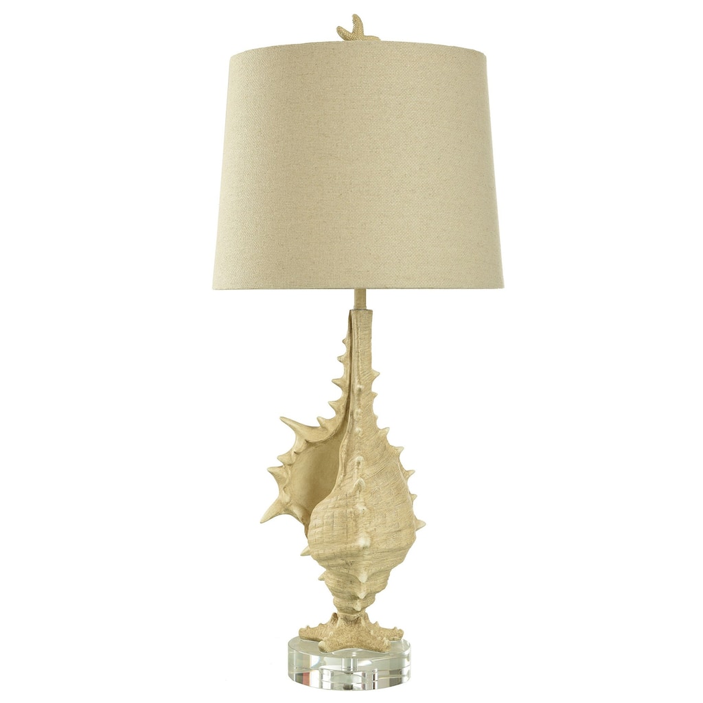Porthaven Tan - Coastal Table Lamp - Conch Body - Sand Yellow, Clear Finish - Light Beige Shade