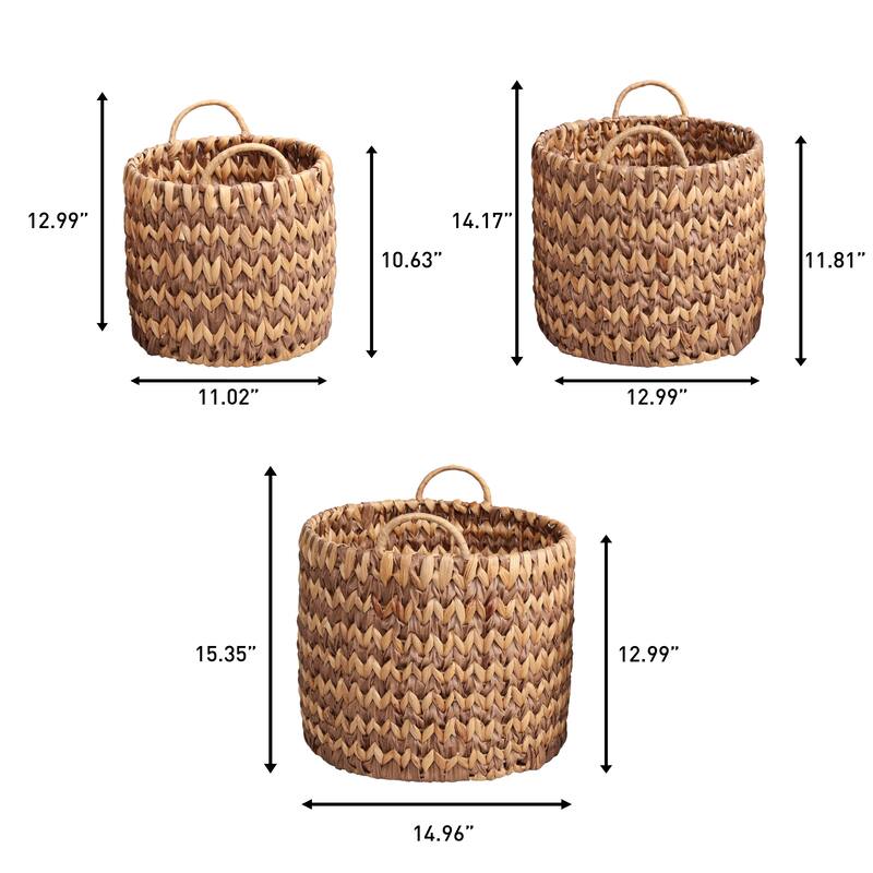 Coastal Handwoven Two-Tone Water Hyacinth Nesting Storage Baskets, Handles (Set of 3)