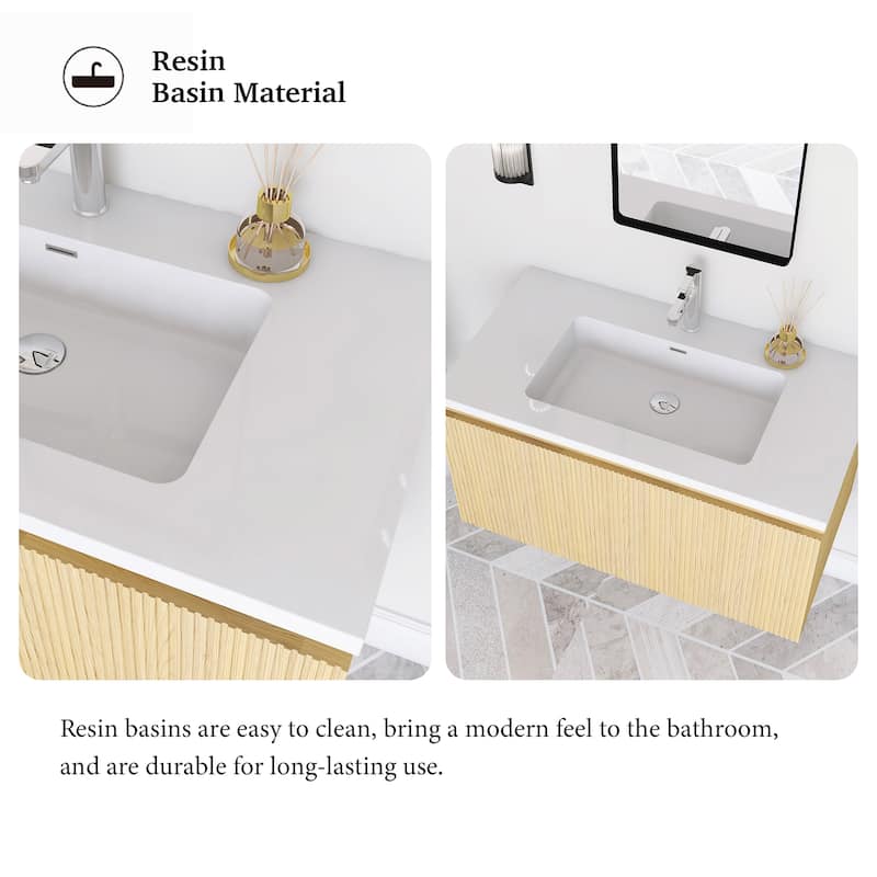 Floating Bathroom Vanity in Yellow Oak with Integrated Resin Top