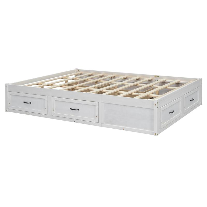 Queen Size Storage Platform Bed with 6 Drawers in Antique White/Gray/Natural