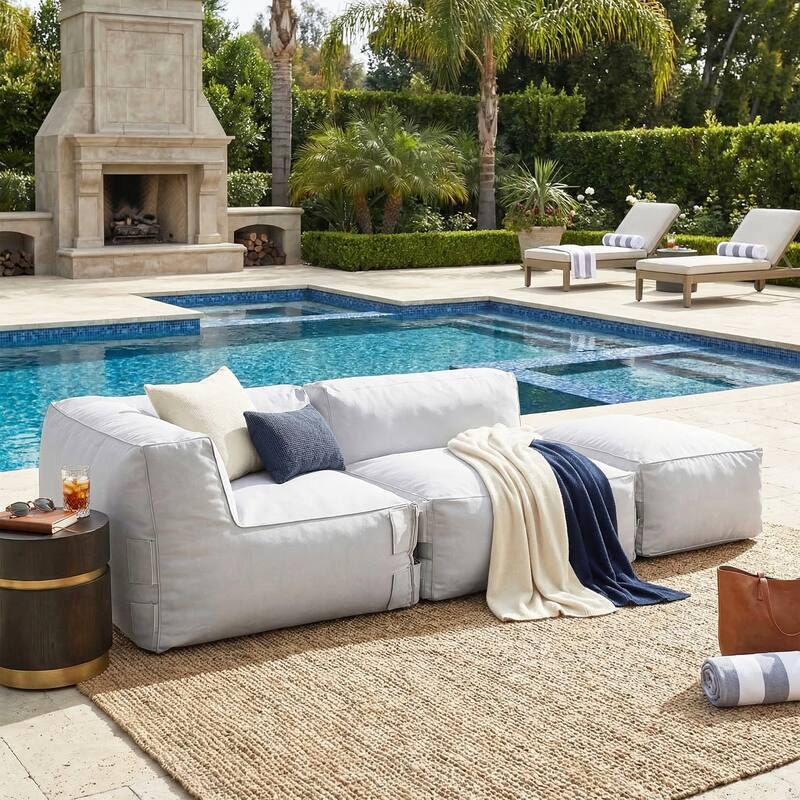 Christopher Knight Home - Nerissa 3-Piece Modular Outdoor/Indoor Bean Bag Sectional Sofa Set with Shredded Foam Filled & Ottoman - Light Grey